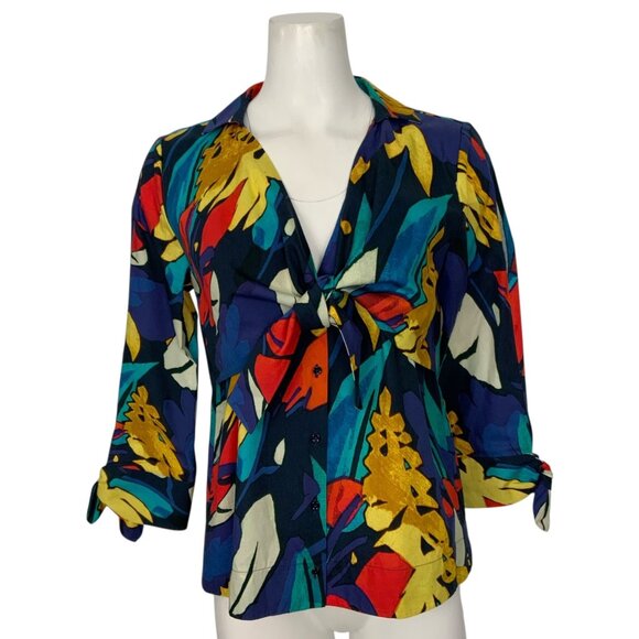 Uterque Bows And Coloured Brushstroke Print Blouse S 26 Tie Front - Picture 1 of 15